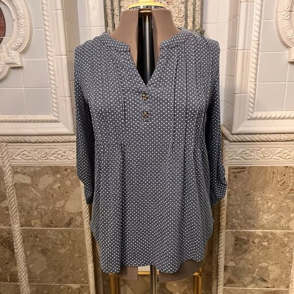 Fred David. Size L. Stretch. Pintucks. Button Placket. Gray/blue. Top. B112 - Picture 6 of 7